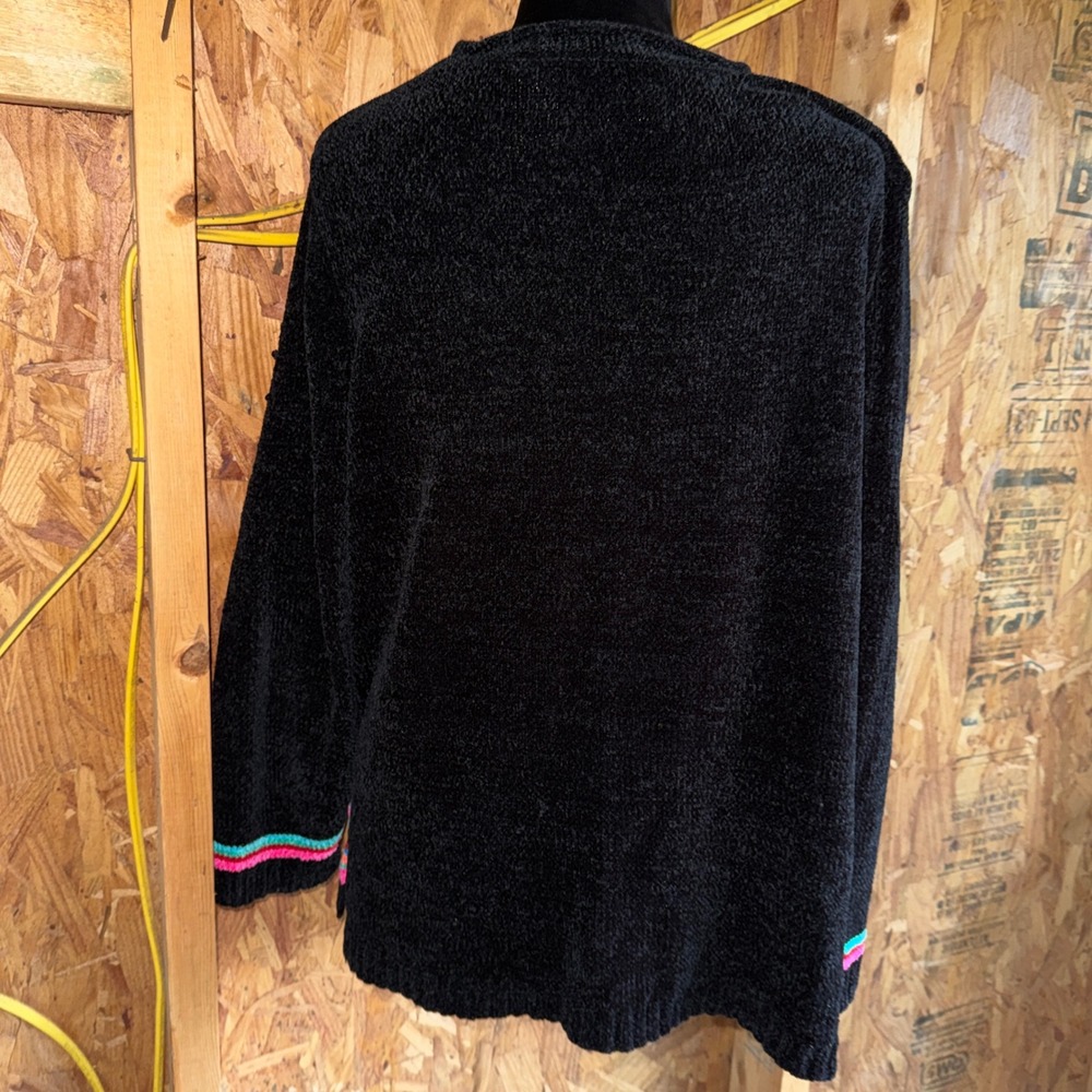 VTG Sag Harbor‎ 1X Rainbow Striped Black Soft Fuzzy Sweater 90s Throwback Artsy - Picture 2 of 5